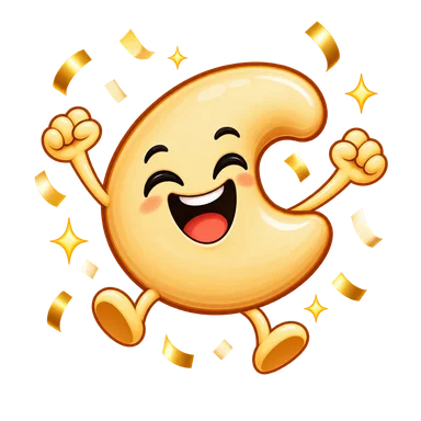 Cashew jumping for joy with golden confetti