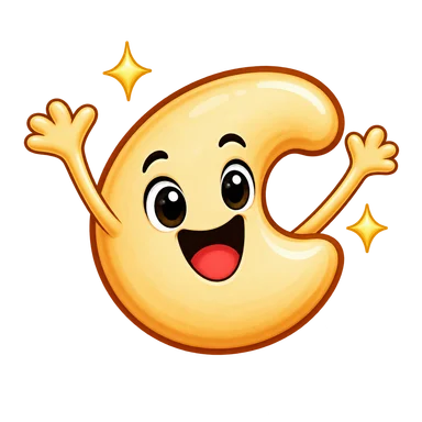 Cashew cheering with raised hands and golden sparkles