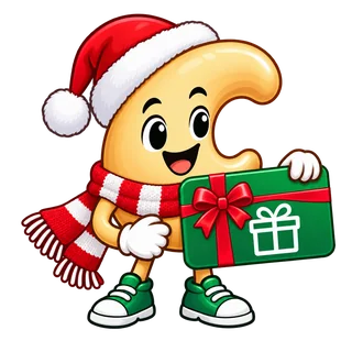 Christmas CashewBack mascot holding a gift card